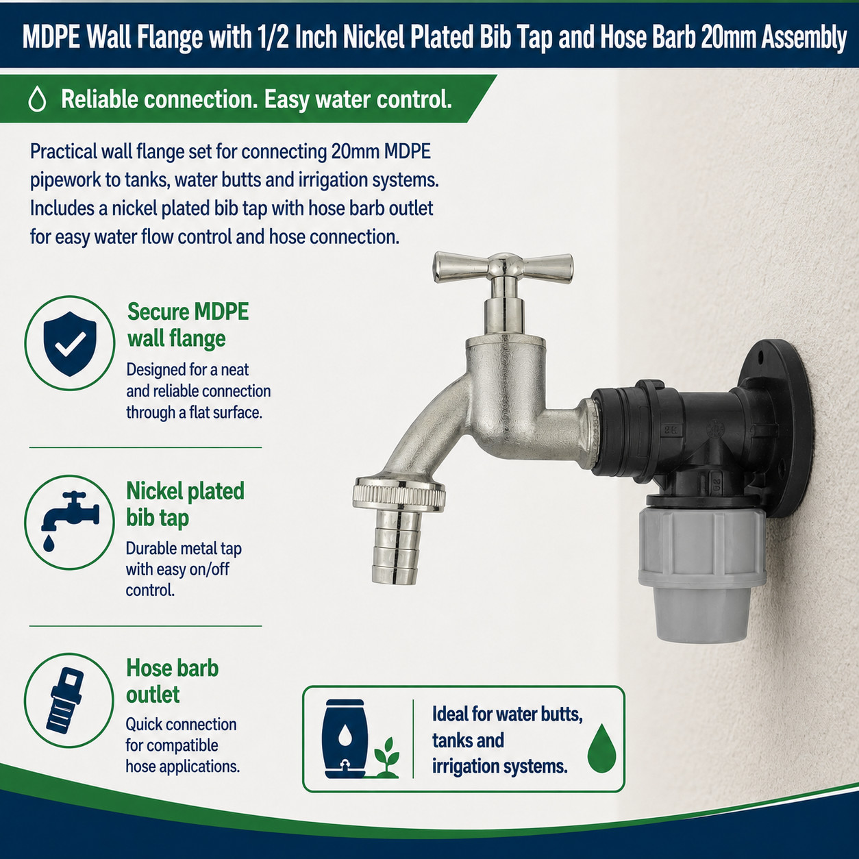 MDPE Wall Flange with Nickel-Plated 1/2 Inch BSP Bib Tap & Hose Barb Outlet 20mm