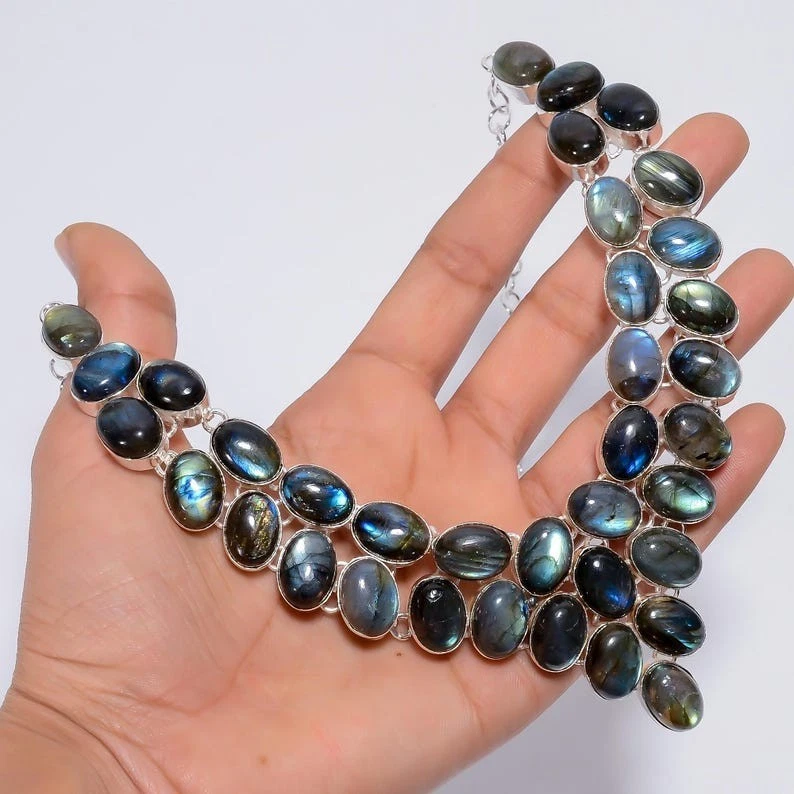 Collar de joyería de plata de ley 925 hecho a mano con piedras preciosas de labradorita tamaño-18" Foto 2 de 4