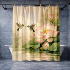 Hummingbirds Water Lilies Shower Curtain Tranquil Nature Pink Flower Decor