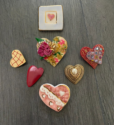 Lot of 7 Valentine's Day Themed Brooch Pin Hearts-Various Materials