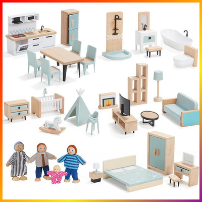 Puppenhaus Möbel Set Holz 36 Teile mit 4 Puppen Zubehör Spielzeug ab 3 Jahren