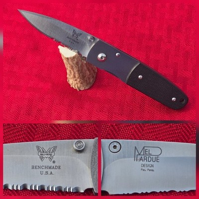 BENCHMADE USA Mel Pardue 330 Folder Titanium Knife Satin Serrated Black G-10 EUC