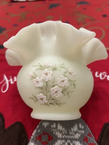 Fenton Ruffled Edge Custard Satin Glass Rose Bowl Vase Hand Painted and Signed