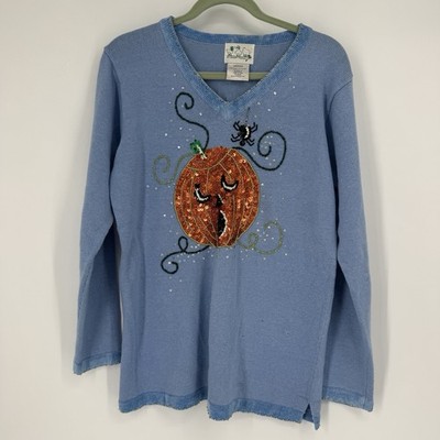 Quacker Factory sweater womens medium M pumpkin halloween spooky sequin spider