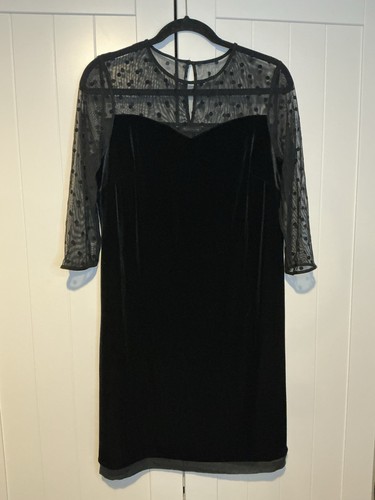 M&S Collection Black Velvet Dress Midi UK 12 US 8 Polkadot SheerGlam 3/4 Sleeves