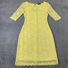 Candalite Women Small Lace Sheath Dress Yellow Floral 3/4 Sleeve Scalloped Hem