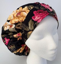 Pretty Floral on Black Print Size Large Medical Bouffant Scrub Cap Surgery Hat