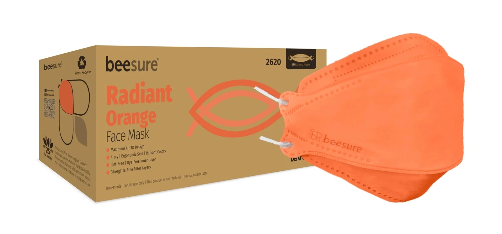 BE2620 Radiant Face Masks, 4-Ply, Earloop, Disposable, Orange (Pack of 40)