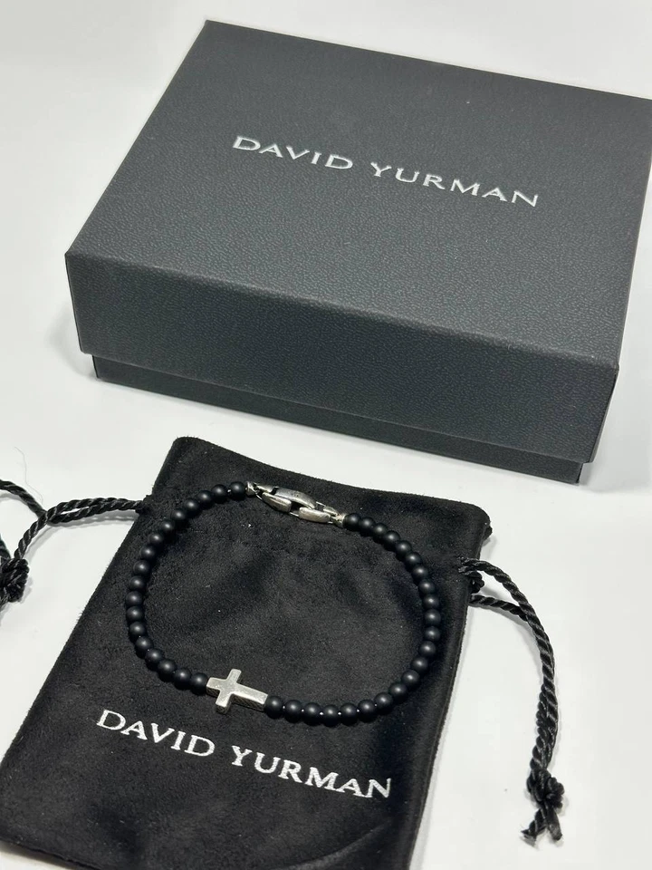 Auténtico DAVID YURMAN Hombre Negro Ónix Cuentas Cruz Pulsera Foto 3 de 4