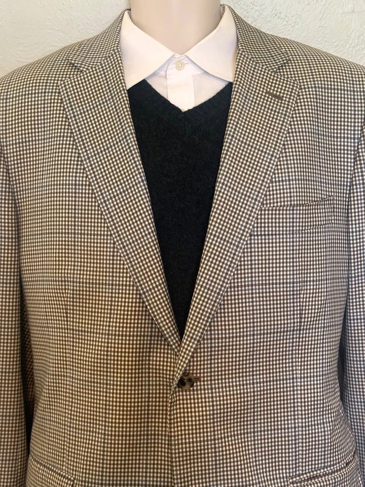 Men’s Isaia Napoli S130’s Wool Blazer Check Taupe w/Blue Lightweight 46L - Image 4 of 4