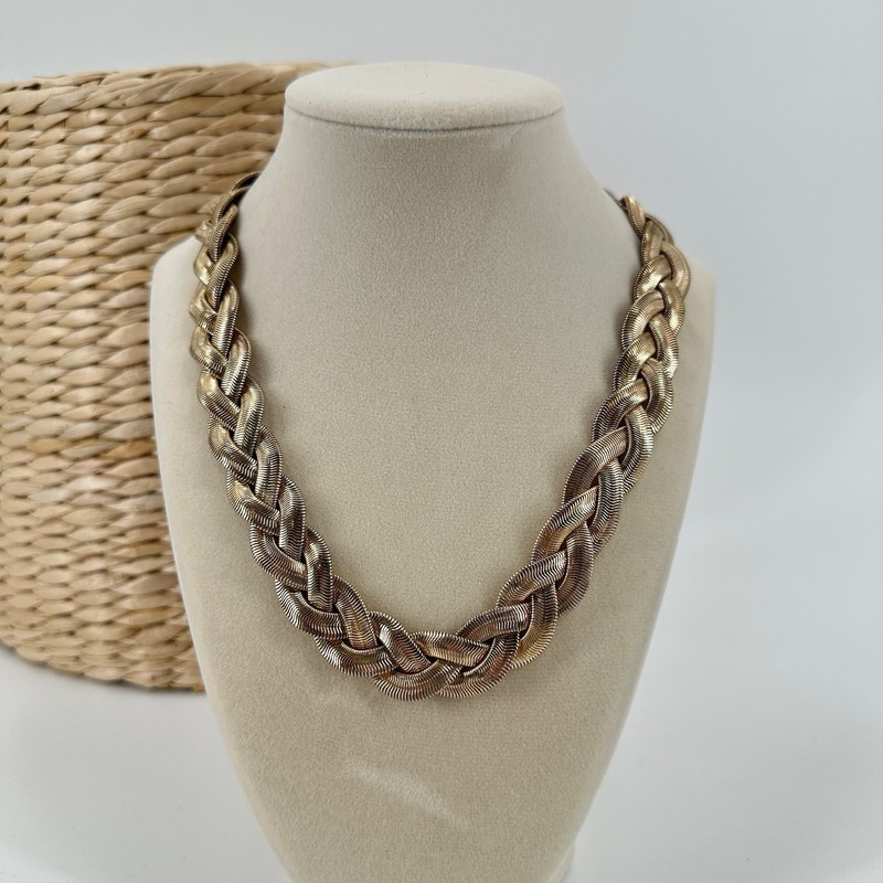 Vtg Thick Necklace Braided Gold Tone Collar Statement Adjustable Lightweight