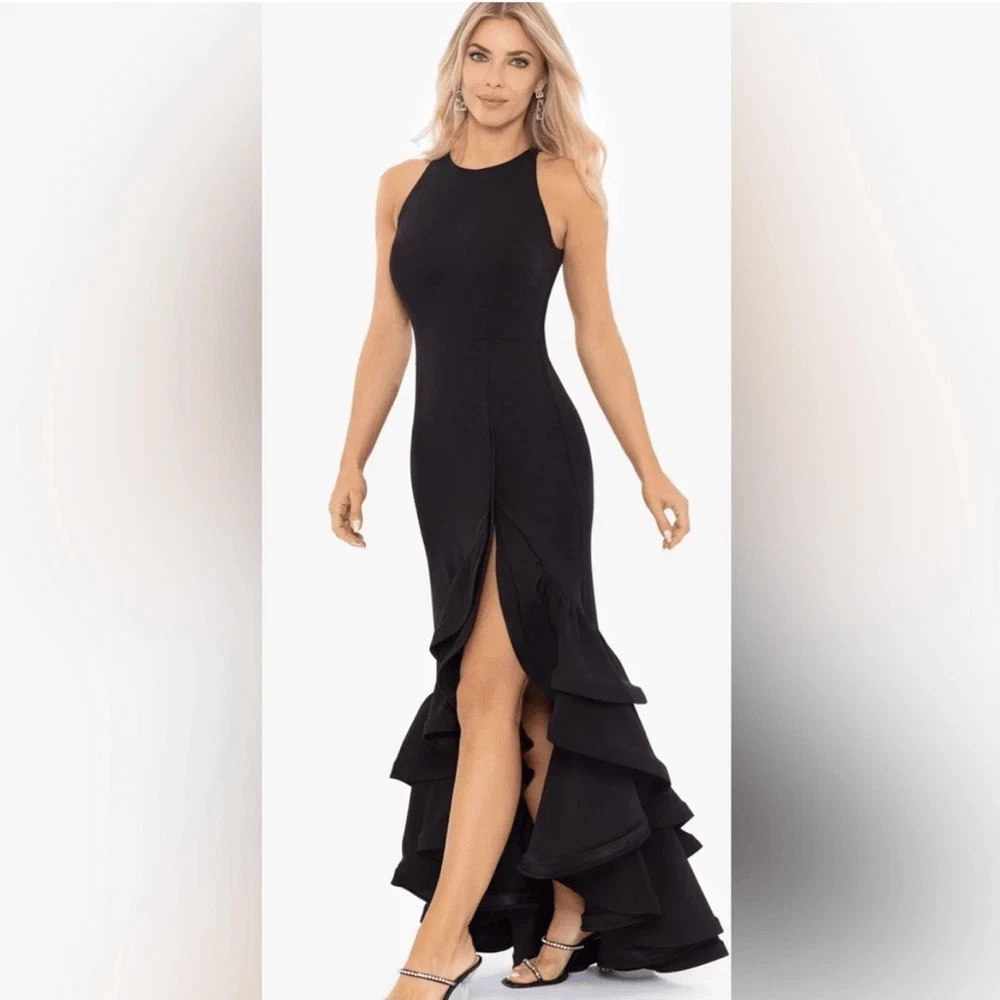 betsy adams black dress & Adam Women's Long Embroidered Halter Chiffon Gown (Reg and Petite), Black/Gold, 2P : Clothing, Shoes & Jewelry Gowns A satin Betsy & Adam Shoulder-Bow Long