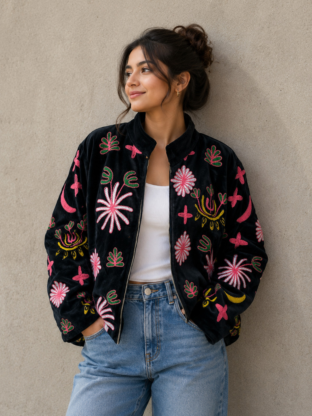 Black Velvet Suzani Embroidered Jacket Floral Women Boho Festival Statement Coat