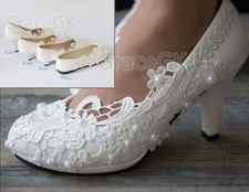 Lace white ivory crystal Wedding shoes Bridal flats low high heel pump size 5-12
