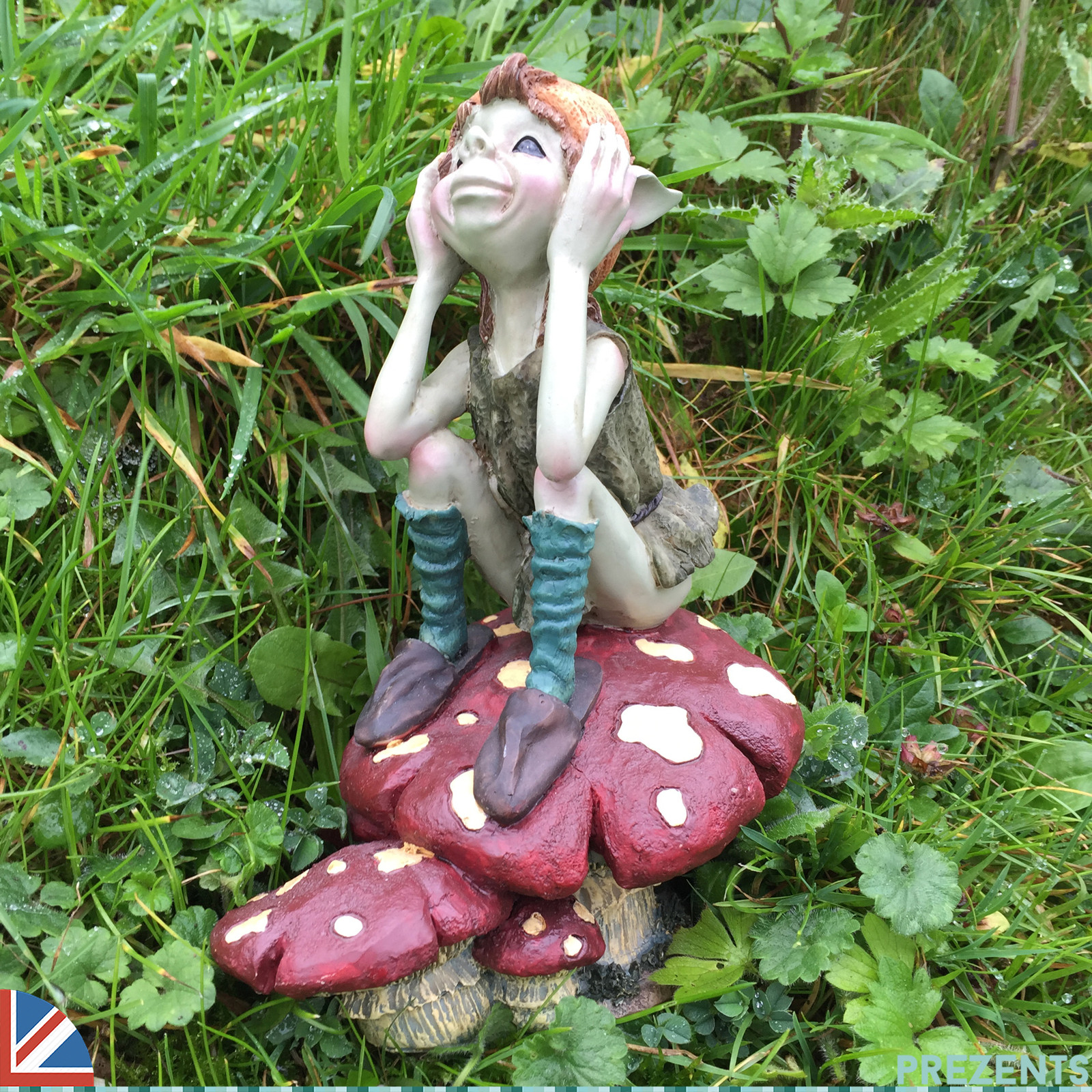 Garden Pixie Sat on Mushroom Fairy Ornament Sculpture Goblin Fairy Outdoor 39101