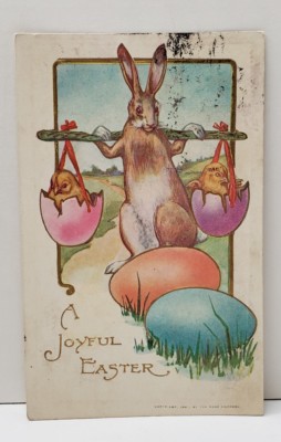 Joyful Easter Embossed Hatched Chicks Carried by Rabbit 1908 Postcard B12