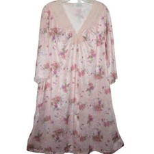 Vanity Fair Knee Length Nylon Robe Pink Floral V Lace Buttons Womens XL Vintage