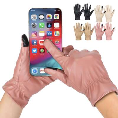 Ladies Leather Gloves Women Touch Screen Fleece Lined Winter Casual Driving Warm