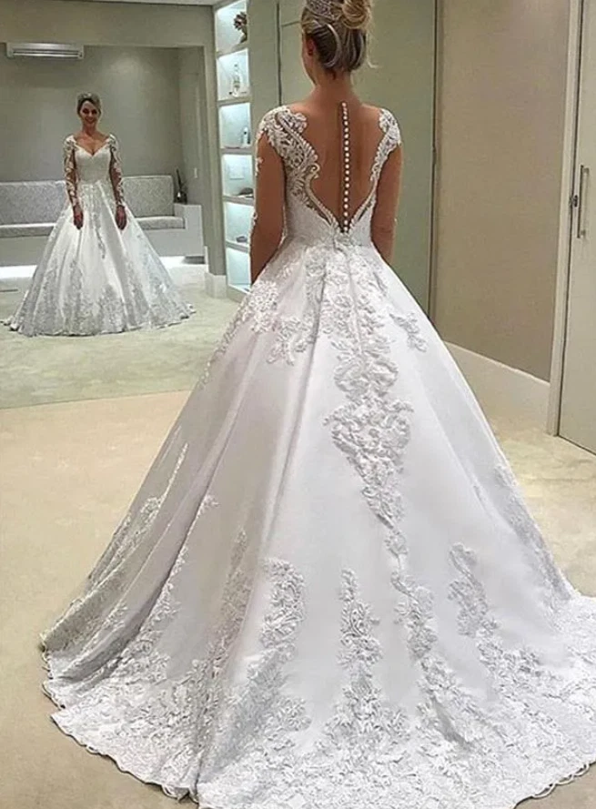 Princess Satin Wedding Dresses Lace Appliques Long Sleeves Buttons Bridal Gowns - Image 3 of 4