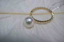 AAA 8-9mm Gorgeous natural Akoya White round pearl Ring 18k Yellow Gold 6