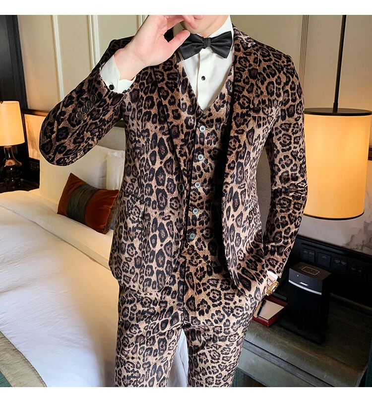 Men's Leopard Print Suit Velvet Wedding Dinner Formal Prom Dress Suits 3 Pieces - Image 2 of 4