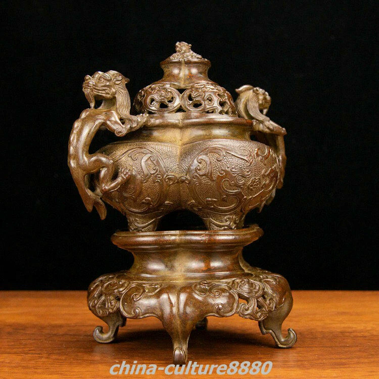 Quemador de incienso dragón de 3 capas bronce puro dinastía China antigua de 22,5 cm Foto 2 de 4