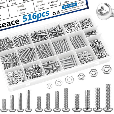516 Pieces Nut and Bolt Assortment Kit M3 M4 M5 M6 Steel Fasteners for Machinery