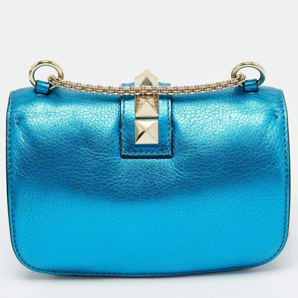 Bolso Valentino Pequeño Rockstud Glam Lock Solapa Cuero Azul Metálico Foto 4 de 4