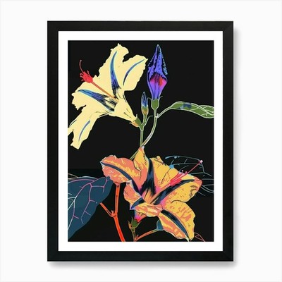 Gerahmtes Wandbild Neon Blumen auf schwarzem Morgenruhm Poster Leinwanddruck Bild