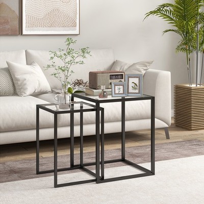 Satztische 2er Set, Beistelltisch mit Hartglasplatte, schwarz