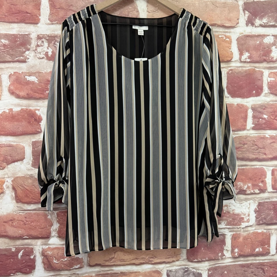 Camisa Top Cato EST 1946 Mujer 18/20W Negra Multicolor Rayas Mangas Corbata Foto 2 de 4