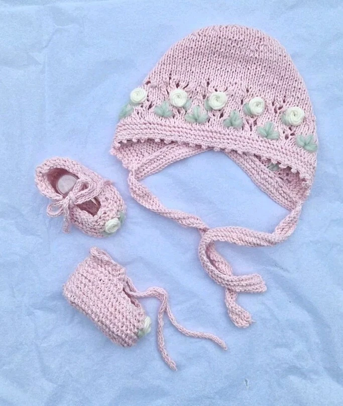 Knitted Organic Cotton Set 0-3 MTHS Roses EMBROIDERED