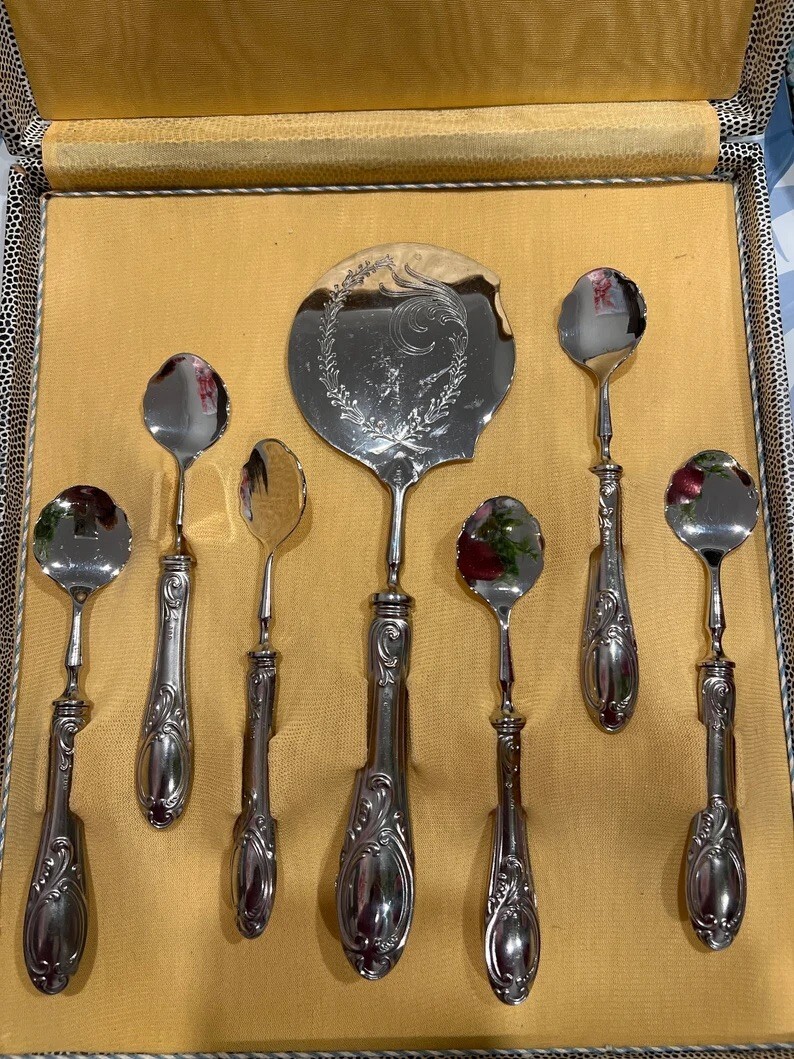 1930's Argento 800 Silver Dessert Serving Set With Box 6 Spoons