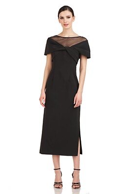JS COLLECTIONS Black Sheer Yoke Twist Pleated Stretch Crepe Slit