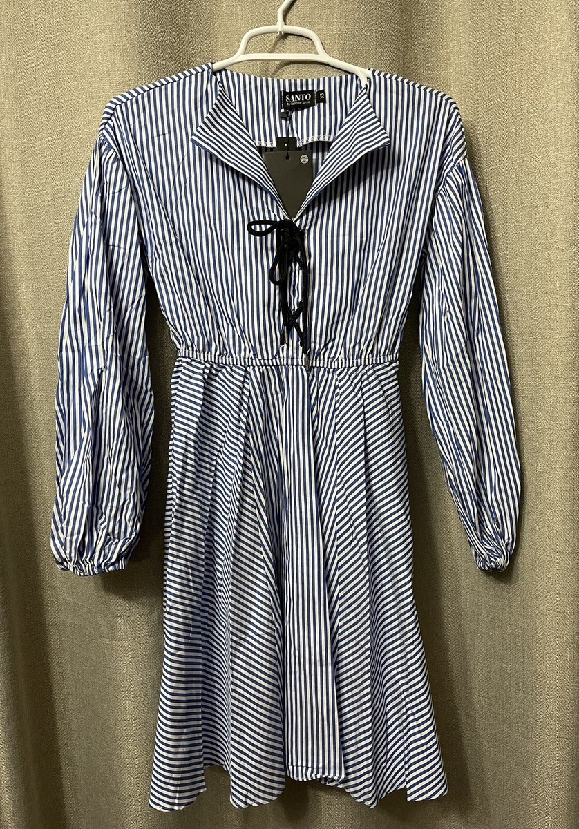 women's a line long sleeve dress Santo by Paolo De Santo Blue & White Stripes Sleeves Ladies Size XS Backless Light Blue Beaded Inexpensive Yorkshire Prom Dresses Back Necklace Length:11