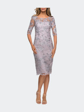 $429 La Femme Lavender Gray Embroidered Tea Length Sheath Dress  6 NEW L504