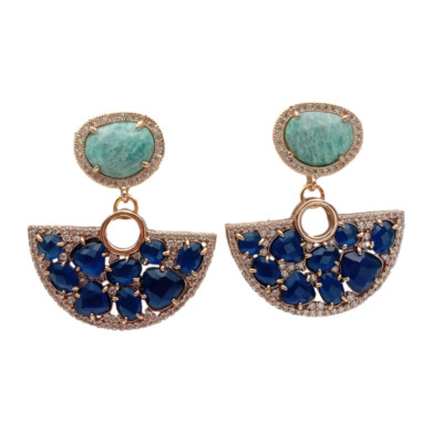 Natural Green Amazonite Blue Cat Eye Geometric Stud Earrings