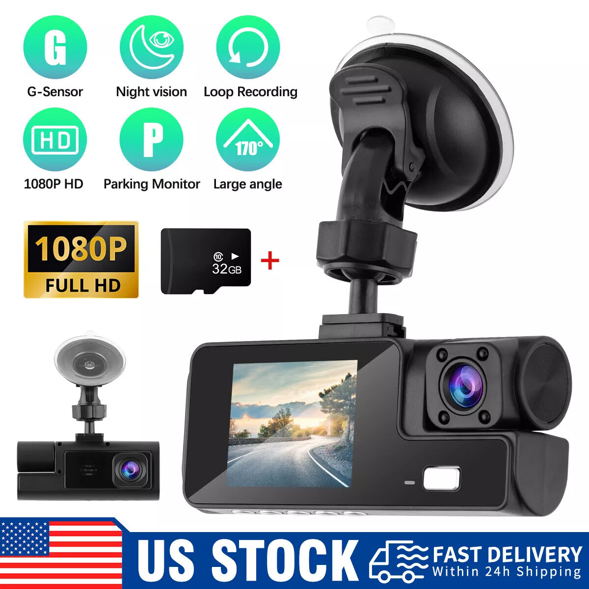 1080P HD Car Dual Lens Dash Cam Front&Inside Video Recorder Camera G-sensor 32GB