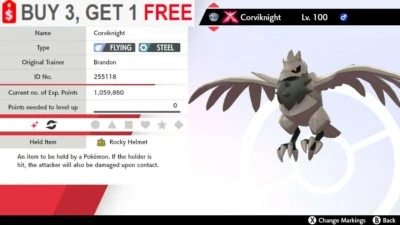 NINTENDO ✨Shiny Corviknight✨Pokemon Sword and Shield Gmax HA Impish 6IV w/ Rocky Helmet