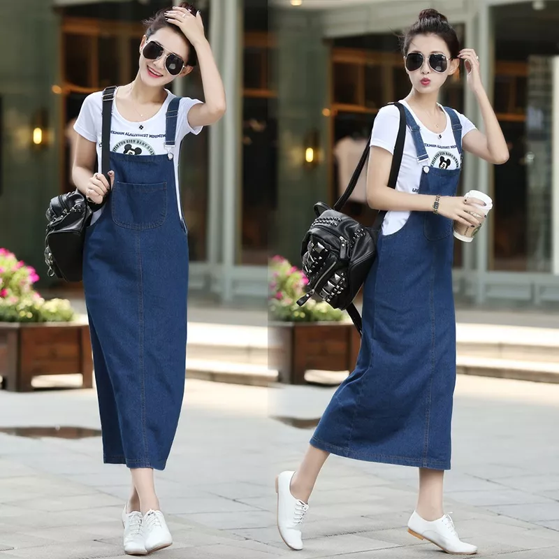 NEW Womens Washed Denim Dress Long Slim Casual Jean Shirt Dress Jumpsuit  Overall