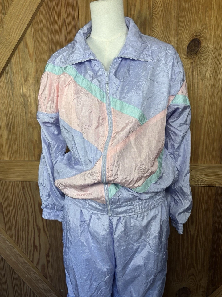 Vintage 80s 90s Windbreaker Tracksuit Pastel Colorblock Petite M Jogger Zip Pant - Imagem 2 de 4