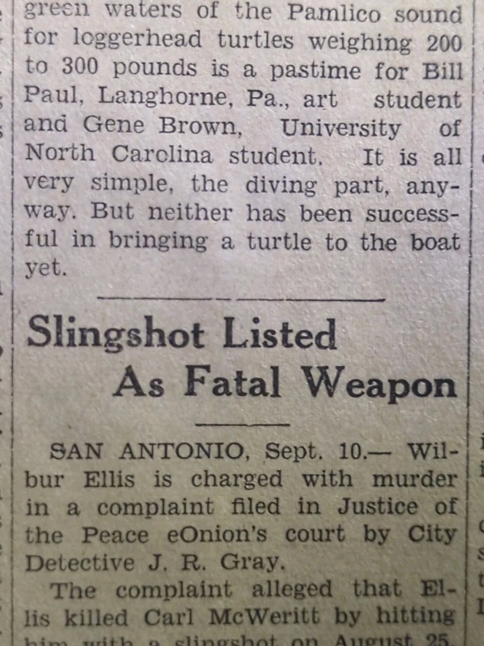 SEPT 10, 1931 NEWSPAPER PAGE #1556- SLINGSHOT LISTED AS FATAL WEAPON 