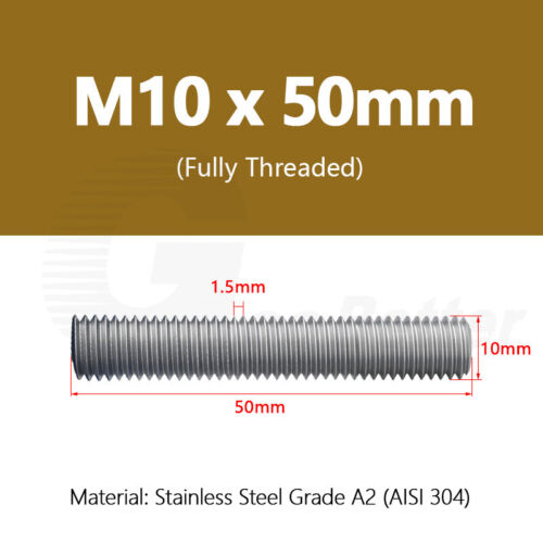 M10 Fully Threaded Bar Studding Screw Rod DIN 976 A2 Stainless Steel 30mm-300mm - Picture 23 of 41