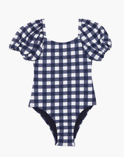 Habitual L85425 Girls Navy Check Puff Sleeve One-Piece Swimsuit Size 14