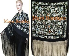 Hand Embroidered Flamenco Silk Piano Shawl Floral Birds Butterfly Huge 90" Maya