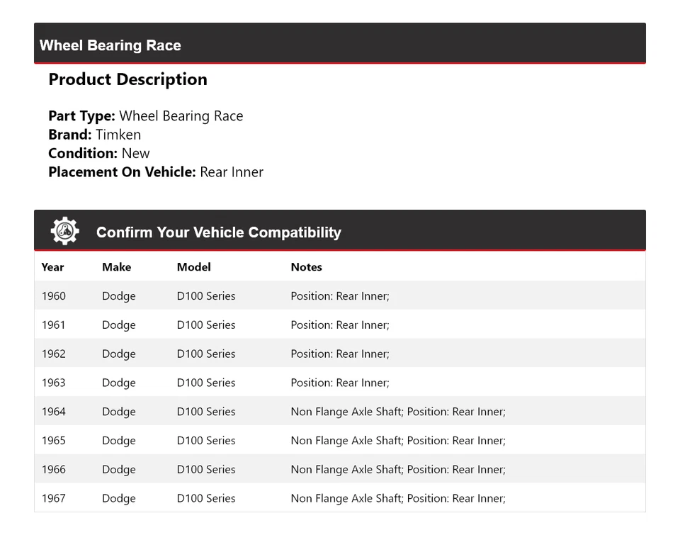 Para 1960-1967 Dodge D100 Series rolamento de roda corrida traseiro interno Timken 1961 1962 - Imagem 2 de 4