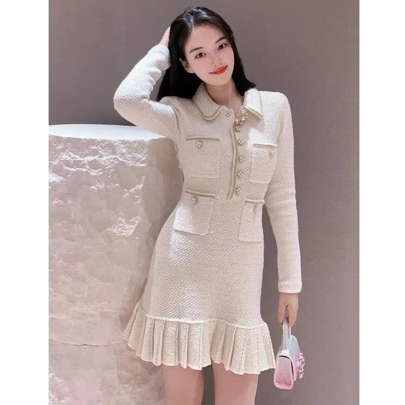 OFF WHITE Abito donna in maglia maniche lunghe con colletto autoritratto