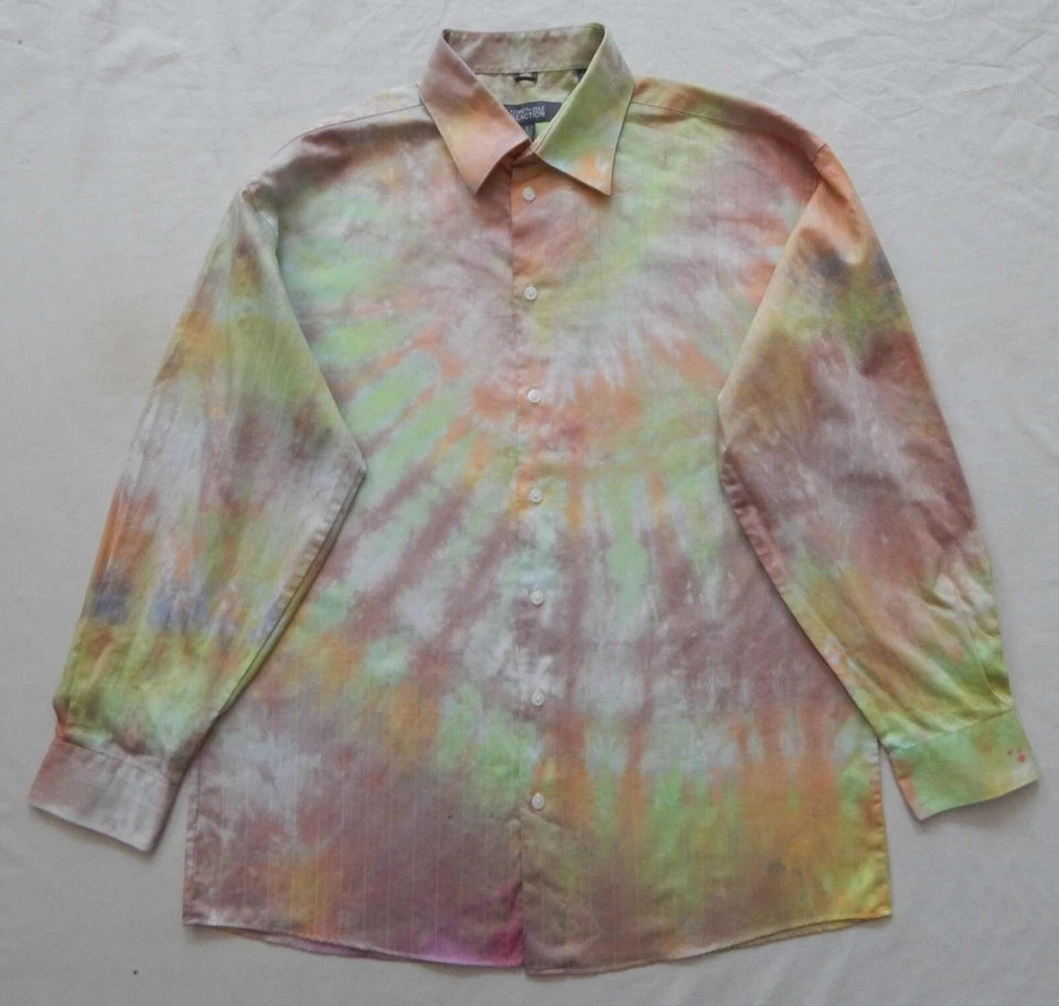 Camisa Tie Dye Verde Naranja Manga Larga Abotonada - Grande Para Hombre Hecha a Mano 16 Foto 3 de 4
