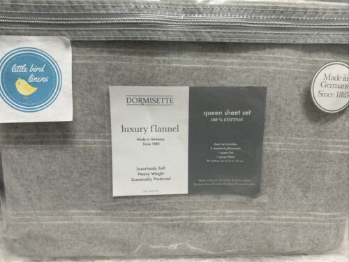 Dormisette QUEEN Sheet Set 4pc Gray Luxury Cotton Flannel PinStripe Germany 3 av - Afbeelding 1 van 6