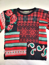 Vintage Gitano 80's-90's Sweater Womens Red Rose Paisley Plaid Patterns